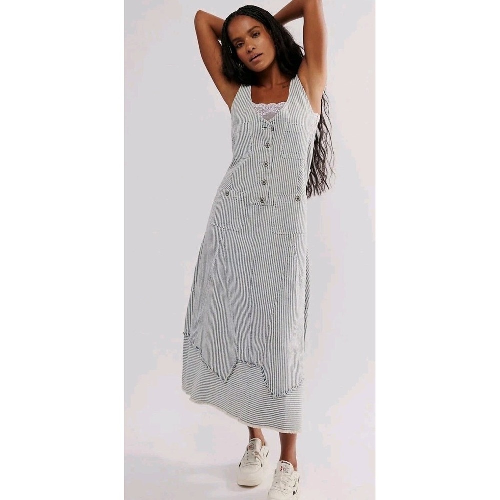 Free People Bendita Midi‎ Dress Sz L Button Denim Womans Beach Cottage Pockets